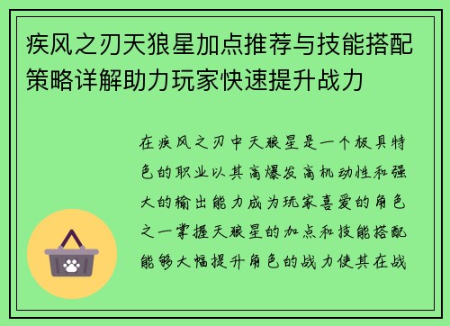 疾风之刃天狼星加点推荐与技能搭配策略详解助力玩家快速提升战力